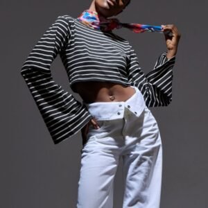 Μαύρο ριγέ crop τοπ με φαρδιά μανίκια MORENA