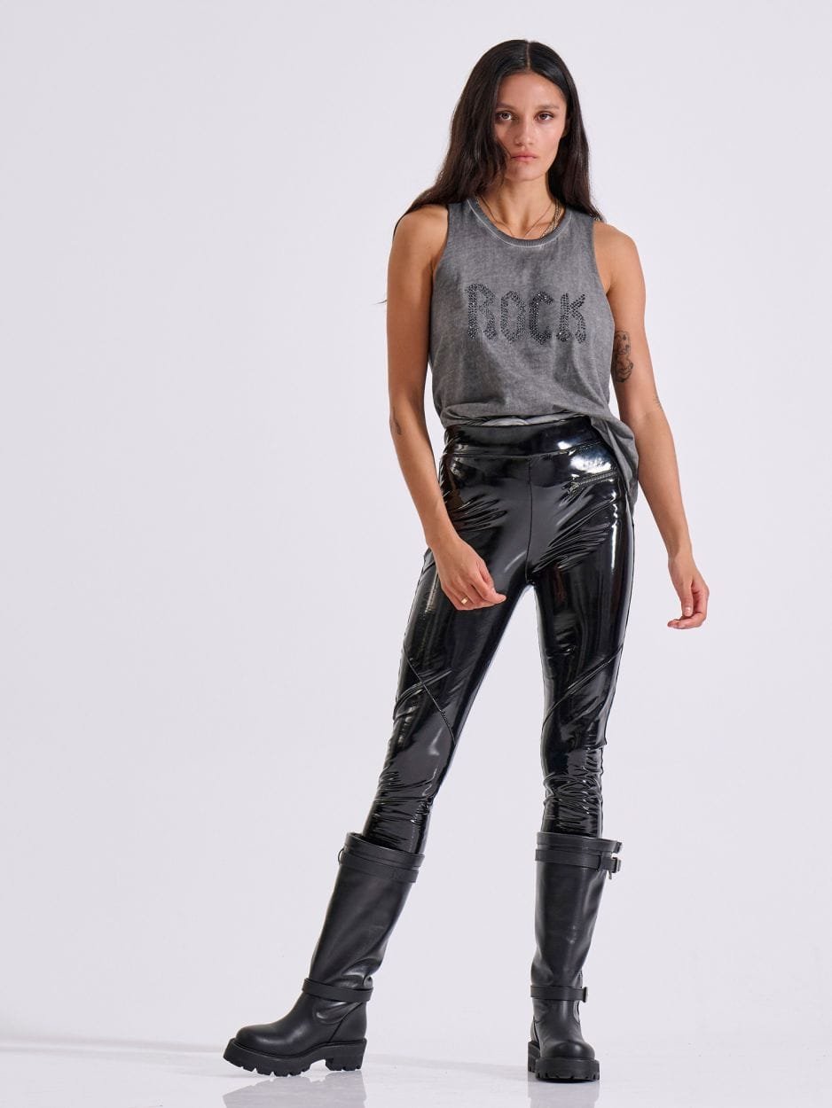 Μαύρο γυαλιστερό γυναικείο κολάν βινύλ με μεταλλικά φερμουάρ IRIS