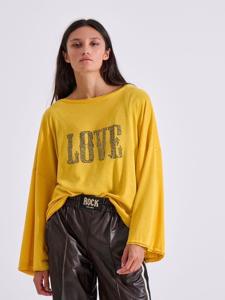 Μπλούζα κίτρινη oversized διπλής όψης με στρας κρύσταλλα "rock" FRANCIS