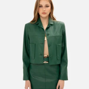 ALPINE GREEN FAUX LEATHER CROP JACKET