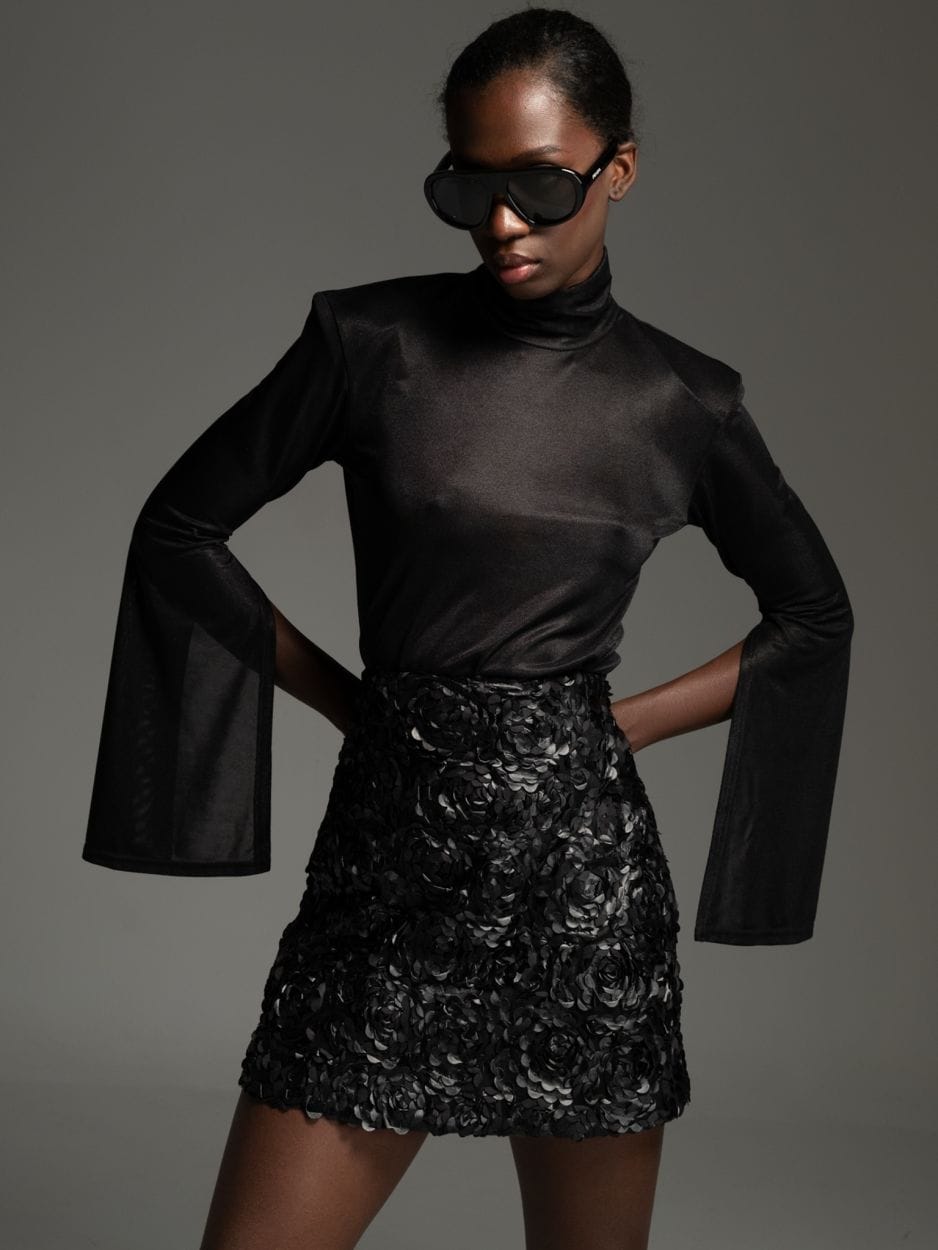 Black eco leather textured mini skirt ROSETTE