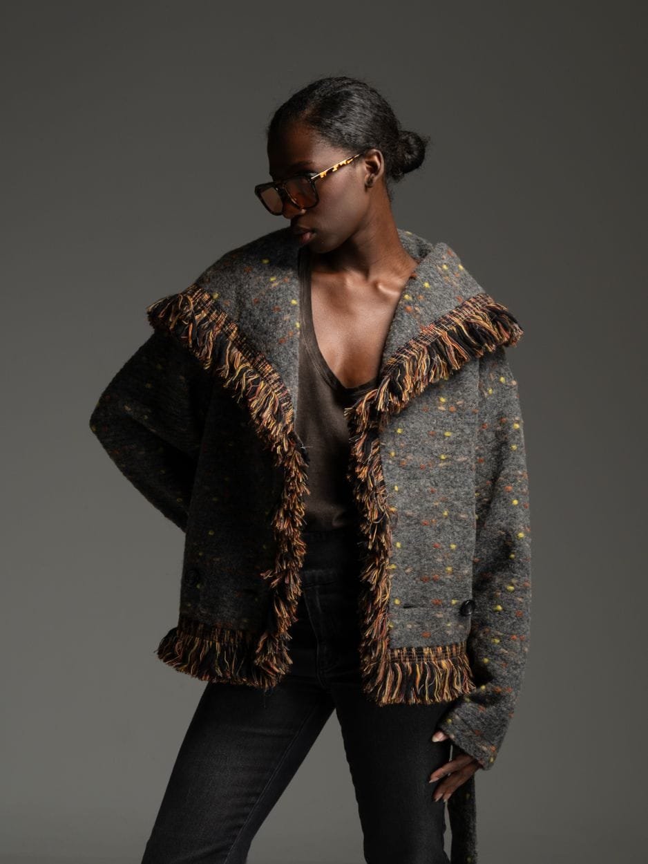 Grey wool cardigan with fringe OREN