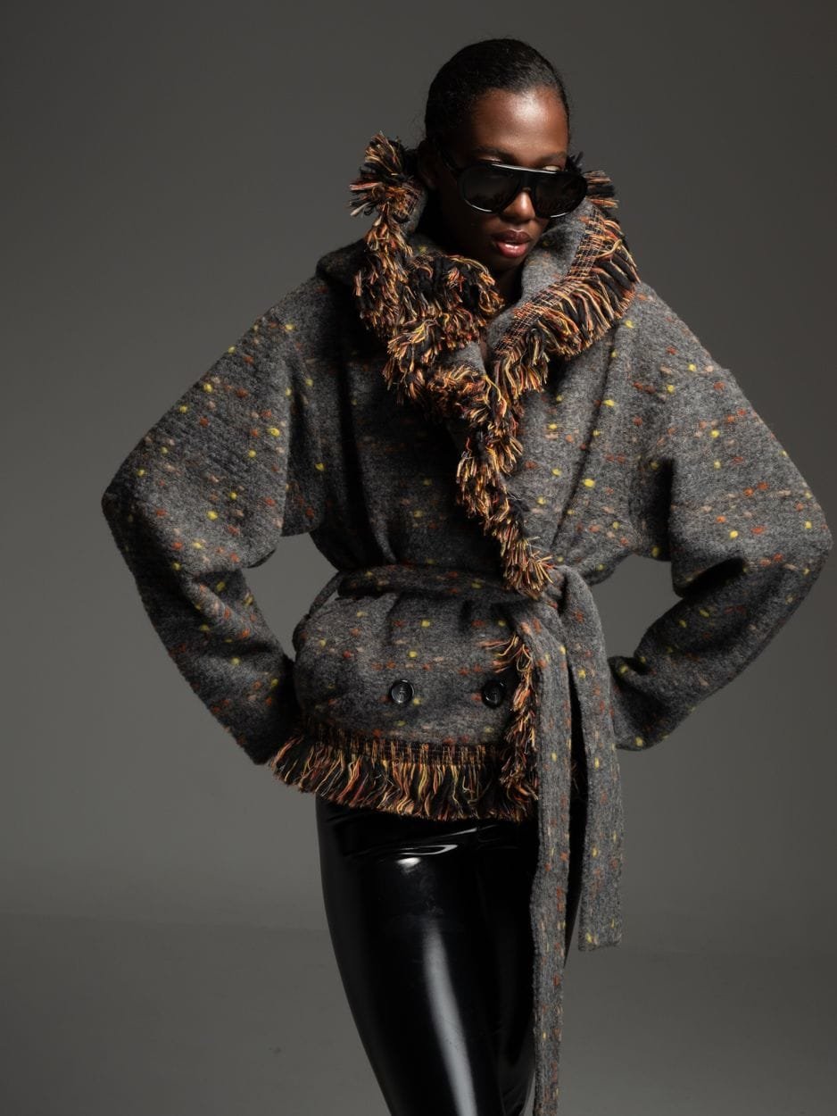 Grey wool cardigan with fringe OREN