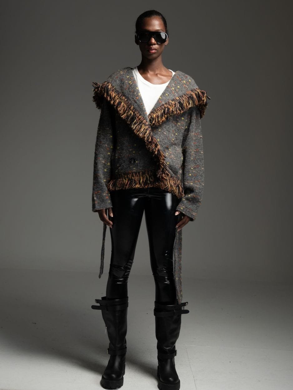 Grey wool cardigan with fringe OREN