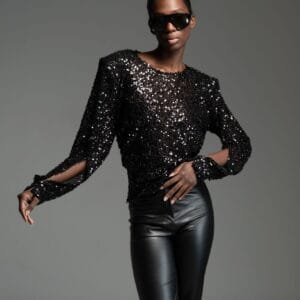 Black sequin top with bold shoulders LUCIEN