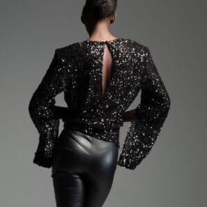 Black sequin top with bold shoulders LUCIEN