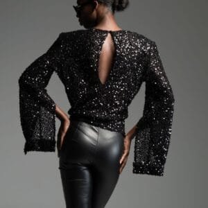 Black sequin top with bold shoulders LUCIEN
