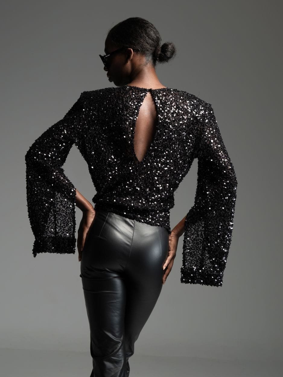 Black sequin top with bold shoulders LUCIEN