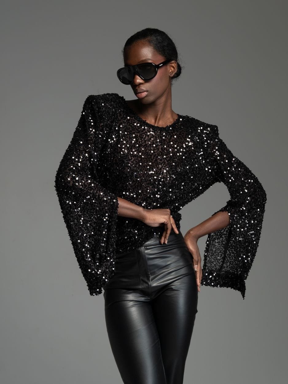 Black sequin top with bold shoulders LUCIEN