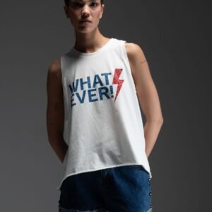 Λευκό αμάνικο t-shirt με τύπωμα "WHATEVER" & κρύσταλλα KODA
