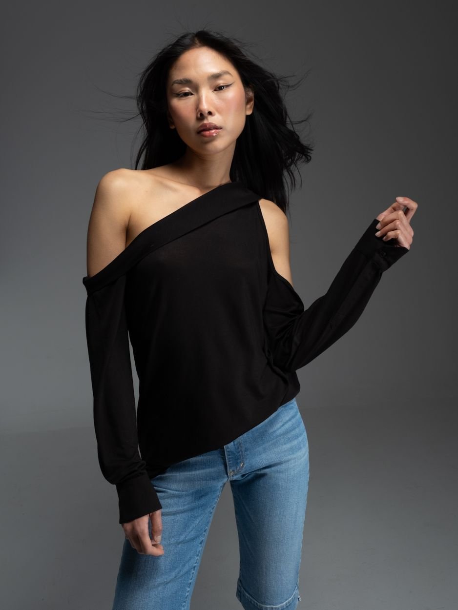 Μαύρο μακρυμάνικο τοπ με έναν ώμο JAYLA