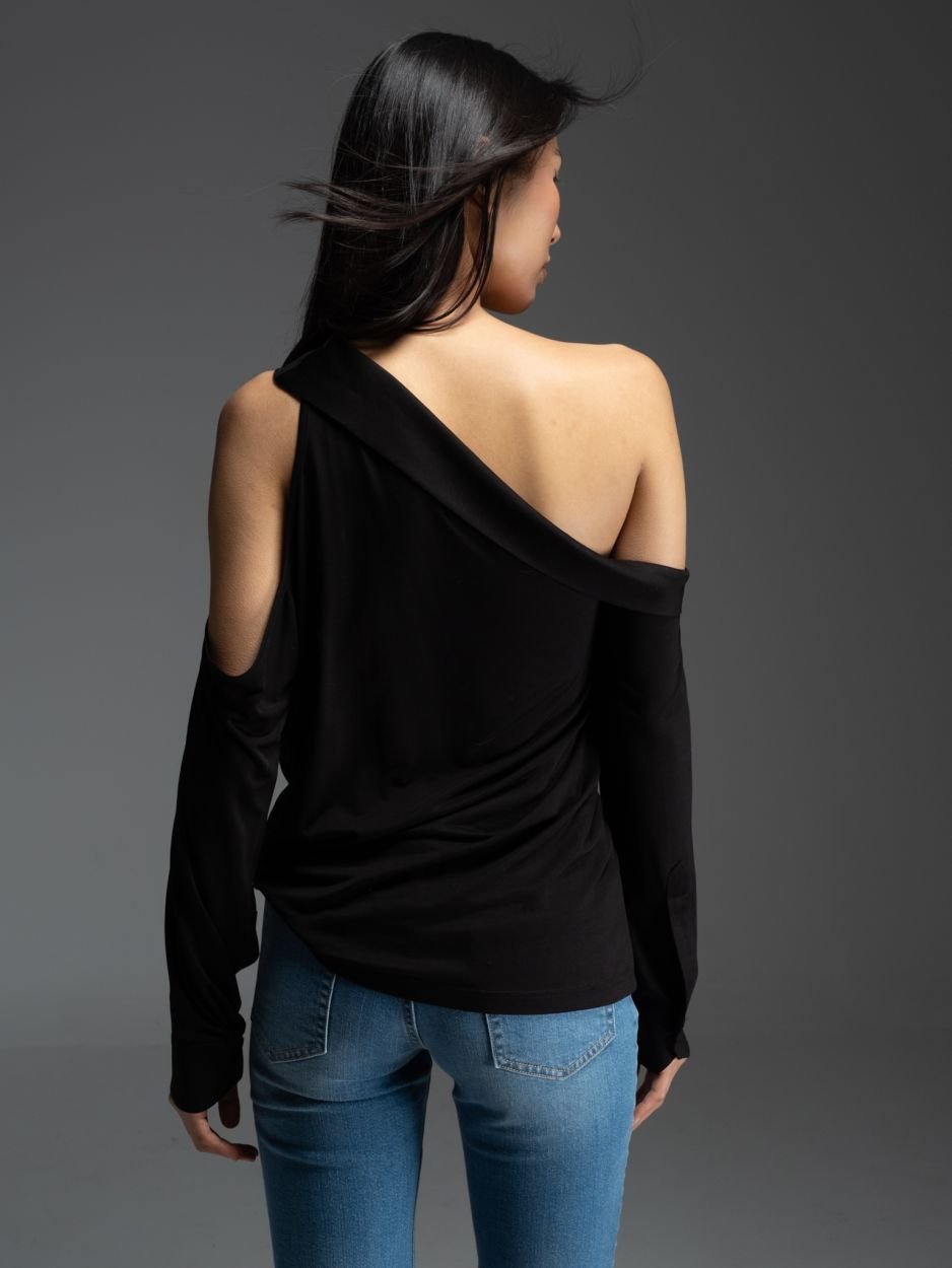 Μαύρο μακρυμάνικο τοπ με έναν ώμο JAYLA