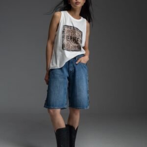 Λευκό αμάνικο t-shirt με λεοπάρ τύπωμα μπροστά JACE