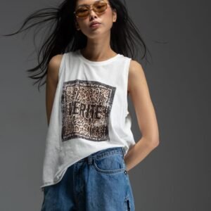 Λευκό αμάνικο t-shirt με λεοπάρ τύπωμα μπροστά JACE