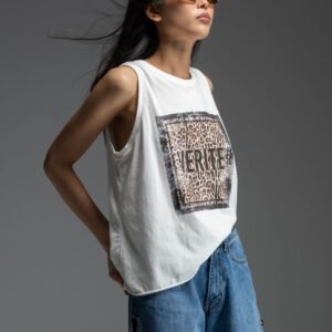 Λευκό αμάνικο t-shirt με λεοπάρ τύπωμα μπροστά JACE