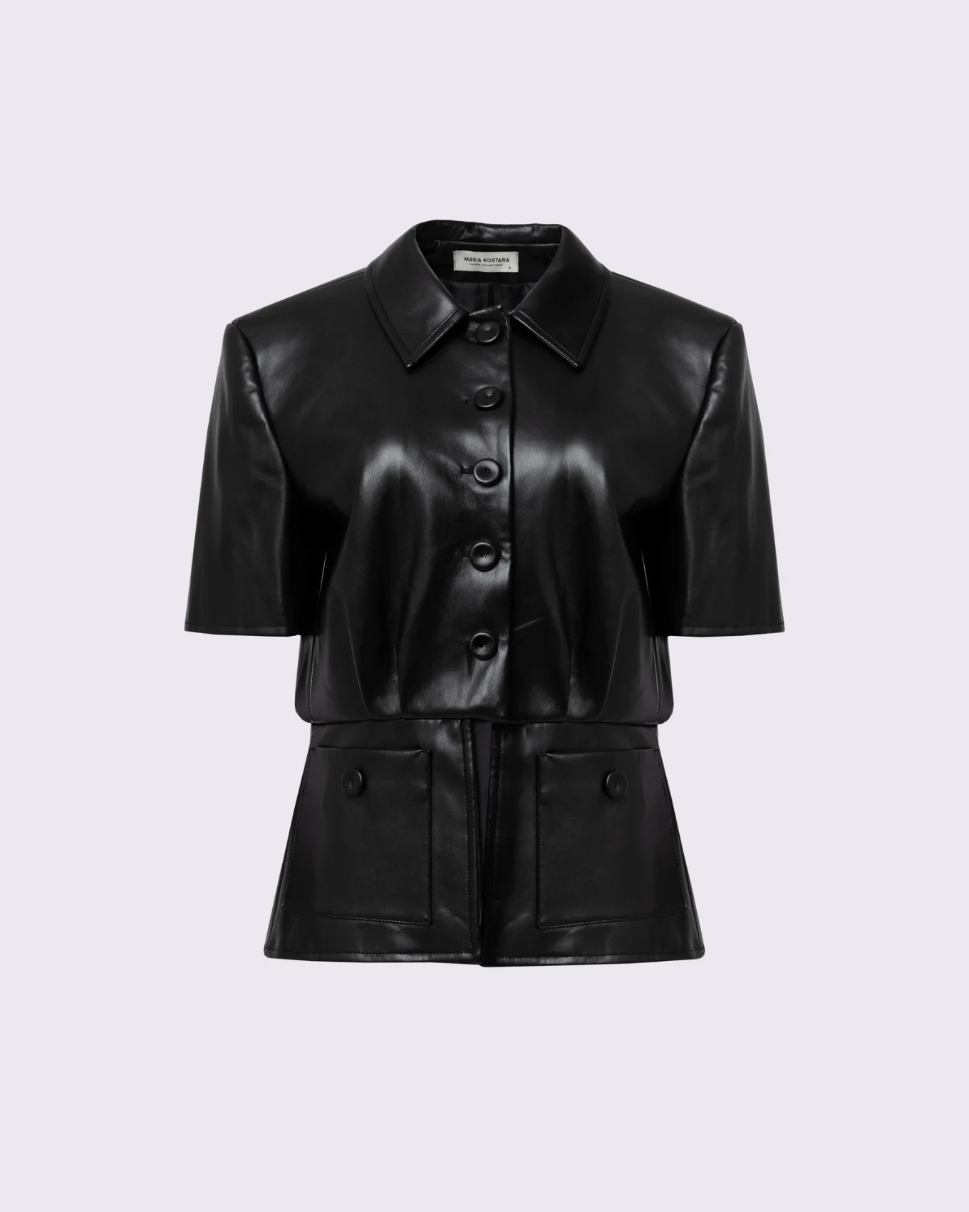BLACK FAUX LEATHER SHORT-SLEEVE BLAZER