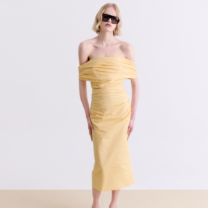 BUTTER YELLOW DRAPED MIDI DRESS