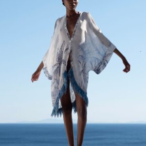 Κιμονό off-white με χειροποίητο σχέδιο φοίνικα, κρόσια και άνοιγμα στα μανίκια MIRA