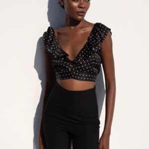 Μαύρο πουά crop top με βολάν και ελαστική πλάτη KYLEE