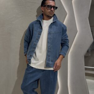 Ανδρικό Oversized Denim Jacket σε Μπλε Χρώμα με Logo στην Πλάτη